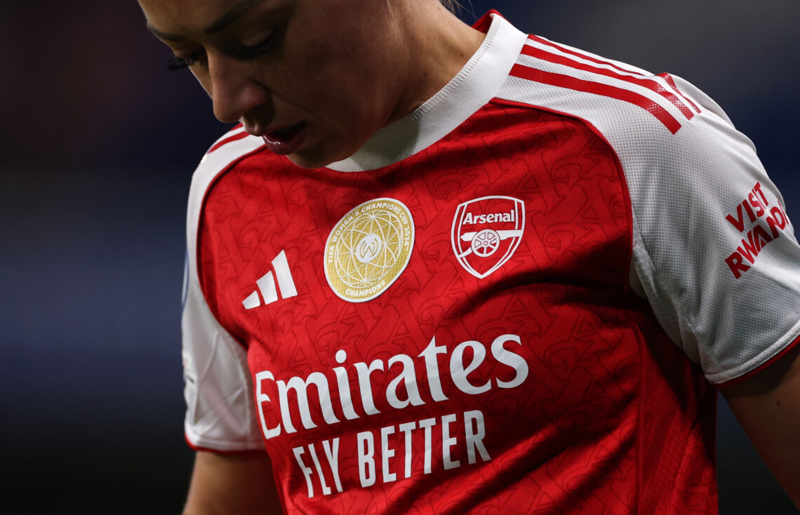 LONDON, ENGLAND - APRIL 01: A detailed view of a UEFA Women's Champions Cup winners patch on the shirt of Katie McCabe of Arsenal during the UEFA W...