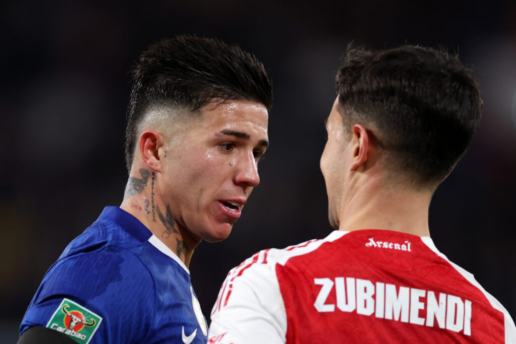 LONDON, ENGLAND - JANUARY 14: Enzo Fernandez of Chelsea speaks with Martin Zubimendi of Arsenal during the Carabao Cup Semi Final First Leg match between Chelsea and Arsenal at Stamford Bridge on January 14, 2026 in London, England. (Photo by Justin Setterfield/Getty Images)