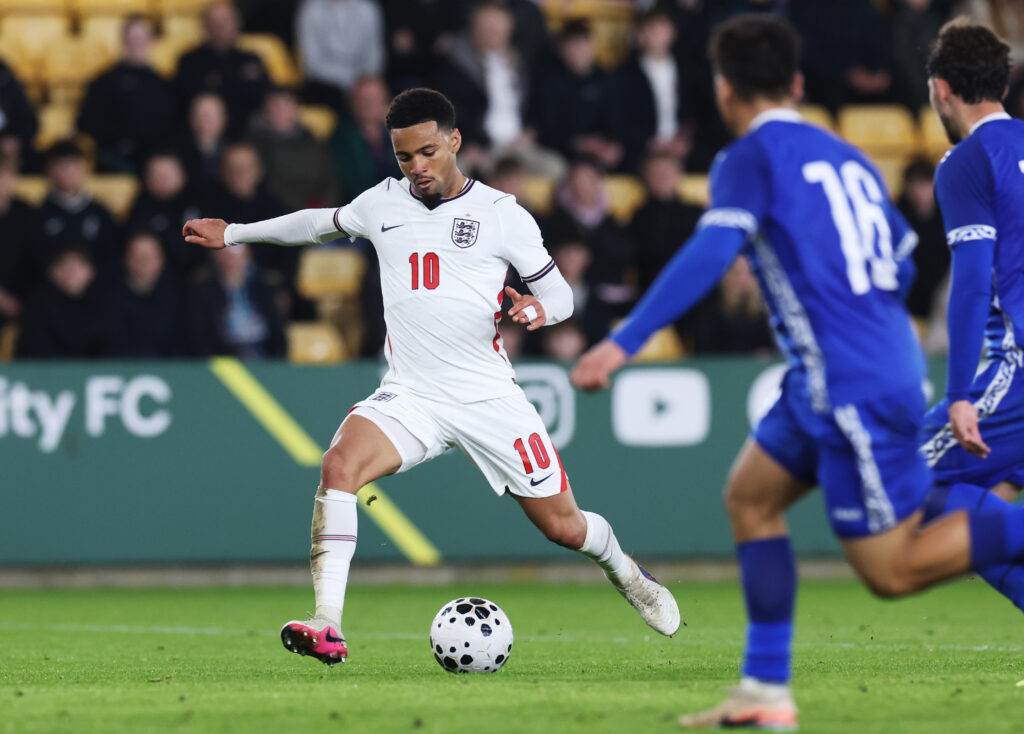 NORWICH, ENGLAND - MARCH 31: Ethan Nwaneri of England scores his team's third goal during the UEFA U21 EURO 2027 Qualifier between England and Moldova at Carrow Road on March 31, 2026 in Norwich, England. (Photo by David Rogers/Getty Images)