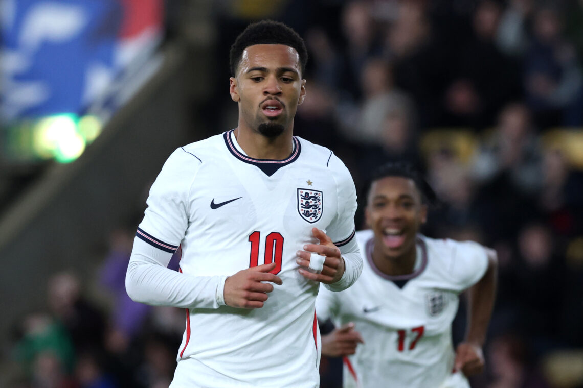 NORWICH, ENGLAND - MARCH 31: Ethan Nwaneri of England celebrates scoring his team's first goal during the UEFA U21 EURO 2027 Qualifier between Engl...