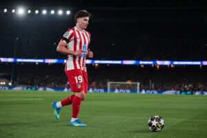Julian Alvarez of Atletico Madrid looks on during the UEFA Champions League 2025/26 Quarter-Final First Leg match between FC Barcelona and Club Atlético de Madrid at Estadi Olimpic Lluis Companys on April 08, 2026 in Barcelona, Spain. (Photo by Eric Alonso/Getty Images)