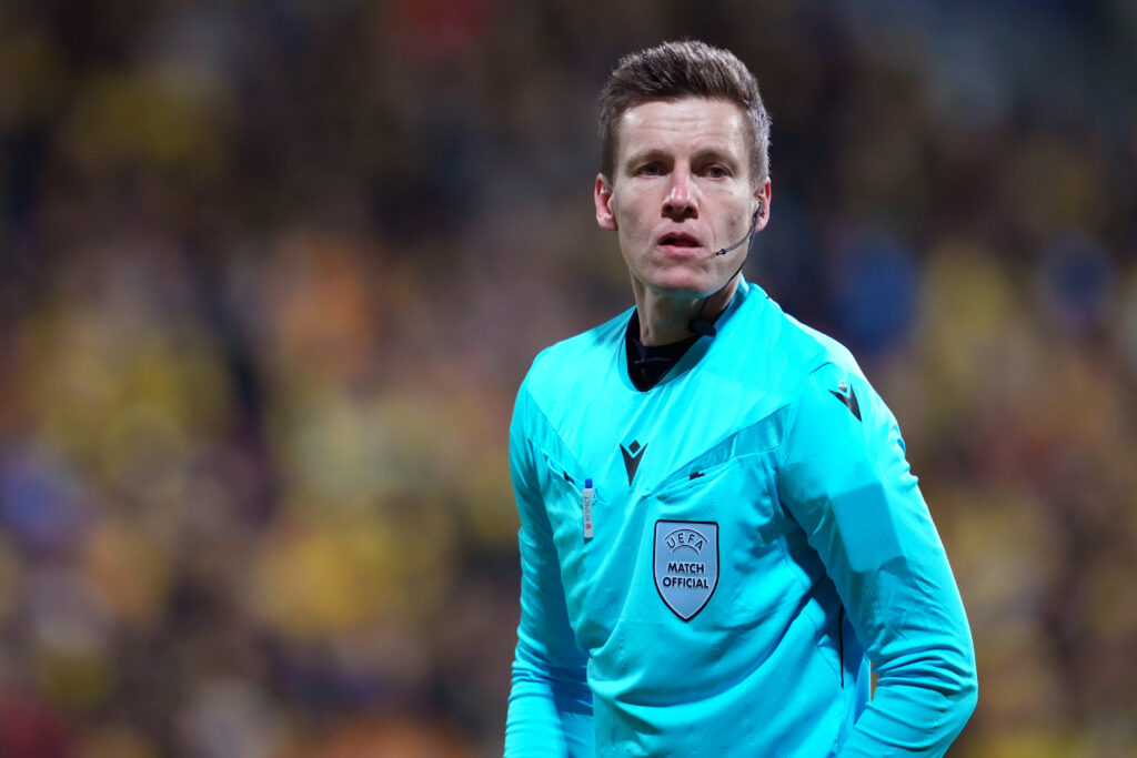 BODO, NORWAY - FEBRUARY 18: Referee Daniel Siebert looks on during the UEFA Champions League 2025/26 League Knockout Play-off First Leg match between FK Bodo/Glimt and FC Internazionale Milano at Aspmyra Stadion on February 18, 2026 in Bodo, Norway. (Photo by Martin Ole Wold/Getty Images)