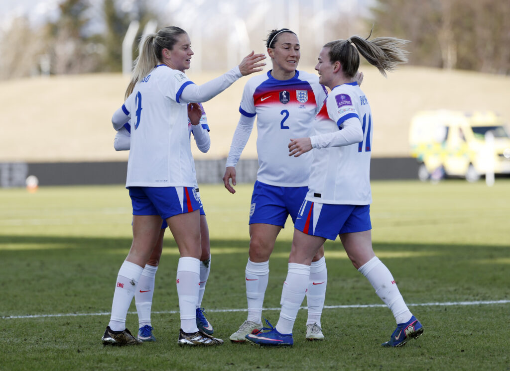 Alessia Russo celebrates her goal against Iceland with her England teammates