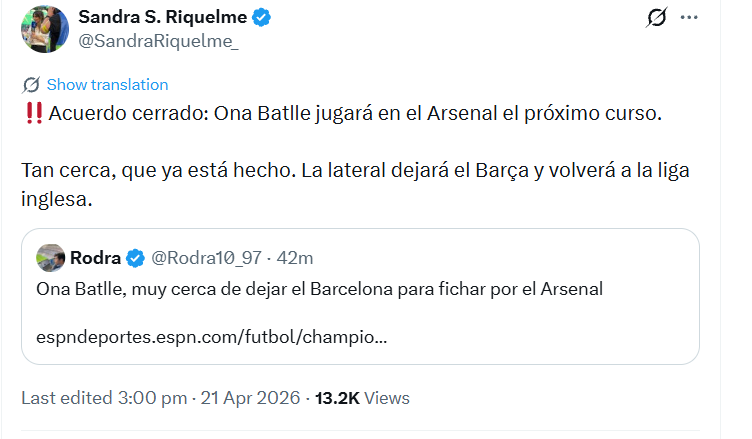 ‼️ Deal done: Ona Batlle will play for Arsenal next season.

So close that it is now done. The full-back will leave Barça and return to the English league.

Rodra: Ona Batlle, very close to leaving Barcelona to sign for Arsenal.