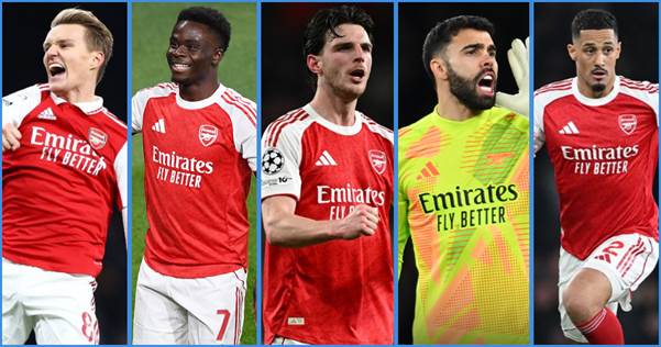 A collage of Odegaard, Saka, Rice, Raya and Saliba