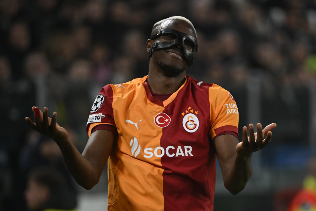 Victor Osimhen of Galatasaray reacts during the UEFA Champions League 2025/26 League Knockout Play-off Second Leg match between Juventus and Galatasaray A.S.