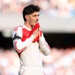 Kai Havertz of Arsenal looks dejected after Erling Haaland of Manchester City (not pictured) scores his team's second goal during the Premier League match between Manchester City and Arsenal at Etihad Stadium on April 19, 2026 in Manchester, England. (Photo by Michael Regan/Getty Images)