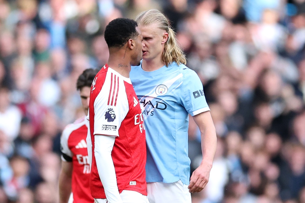 Gabriel of Arsenal clashes with Erling Haaland of Manchester City during the Premier League match between Manchester City and Arsenal at Etihad Stadium on April 19, 2026 in Manchester, England. (Photo by Michael Regan/Getty Images)