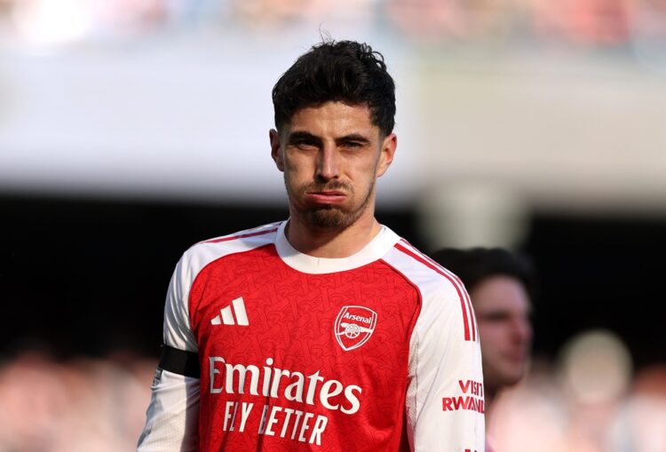 Kai Havertz of Arsenal looks dejected during the Premier League match between Manchester City and Arsenal at Etihad Stadium on April 19, 2026 in Ma...