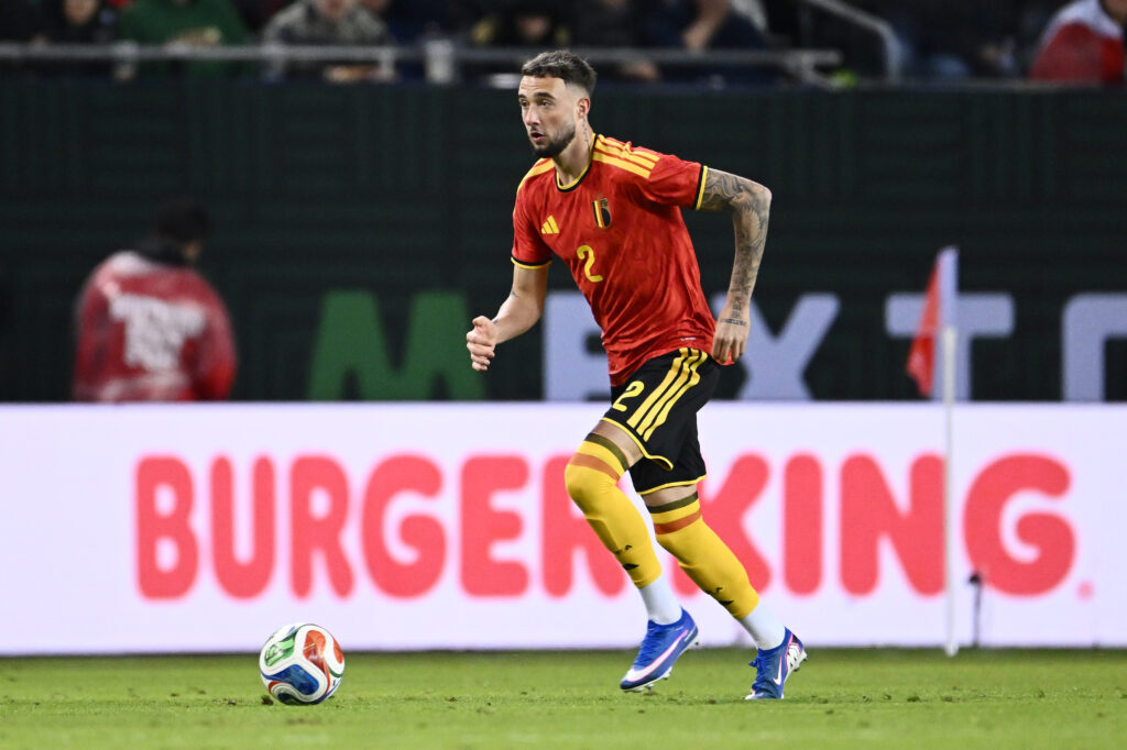 Arsenal boost as Sporting captain suspended for 1st leg 3 CHICAGO, ILLINOIS - MARCH 31: Zeno Debast #2 of Belgium plays the ball against Mexico at Soldier Field on March 31, 2026 in Chicago, Illinois. (Photo by Daniel Bartel/Getty Images)