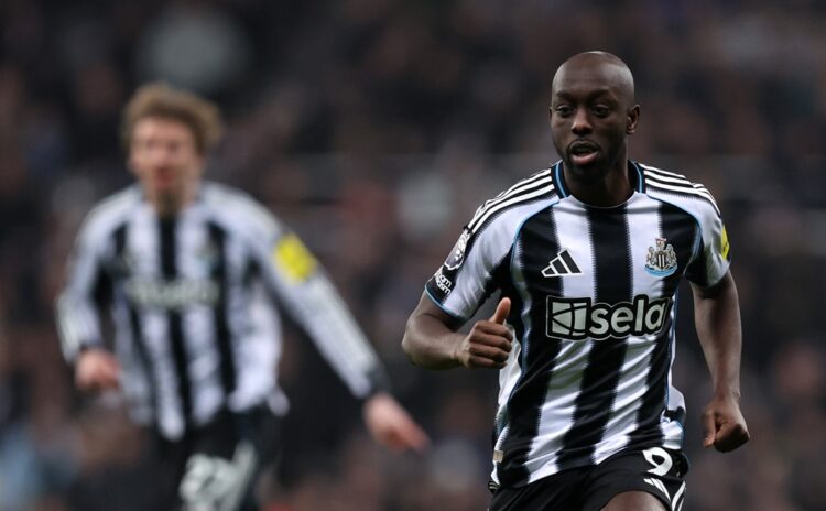 Yoane Wissa of Newcastle United looks on as Nick Woltemade can be seen behind during the Premier League match between Newcastle United and Brentfor...