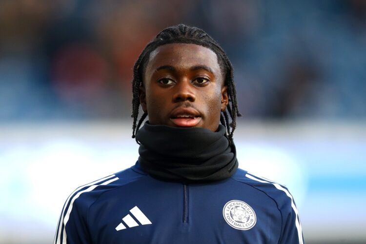 Jeremy Monga of Leicester City looks on as he warms up prior to the Sky Bet Championship match between Queens Park Rangers and Leicester City at Lo...