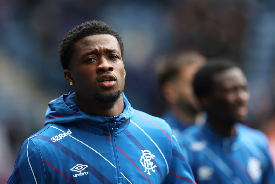 GLASGOW, SCOTLAND - MARCH 01: Emmanuel Fernandez of Rangers warms up prior to the William Hill Premiership match between Rangers and Celtic at Ibro...