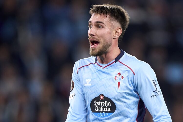 Oscar Mingueza of RC Celta de Vigo reacts during the UEFA Europa League 2025/26 Round of 16 First Leg match between Real Club Celta and Olympique L...