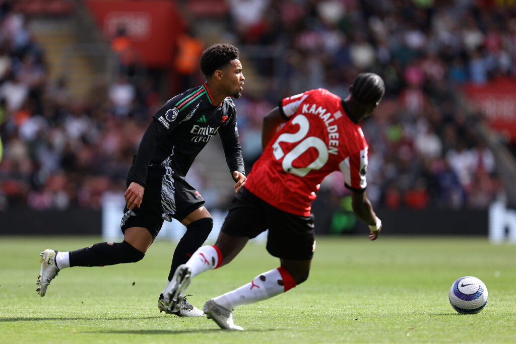 SOUTHAMPTON, ENGLAND - MAY 25: Ethan Nwaneri of Arsenal looks to attacks during the Premier League match between Southampton FC and Arsenal FC at St Mary's Stadium on May 25, 2025 in Southampton, England. (Photo by Charlie Crowhurst/Getty Images)