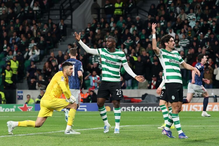 Rui Silva, Ousmande Diomande and Trincao of Sporting Clube de Portugal react after Kai Havertz of Arsenal (not pictured) scored his team's first go...