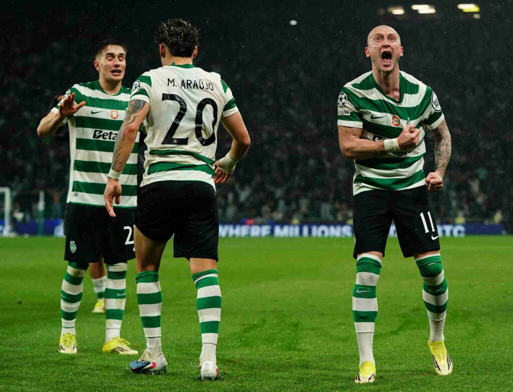 LISBON, PORTUGAL - MARCH 17: Nuno Santos of Sporting CP celebrates after teammate Maximiliano Araujo of Sporting CP score a goal during the UEFA Champions League 2025/26 Round of 16 Second Leg match between Sporting CP and FK Bodo/Glimt at Estadio Jose Alvalade on March 17, 2026 in Lisbon, Portugal. (Photo by Gualter Fatia/Getty Images)