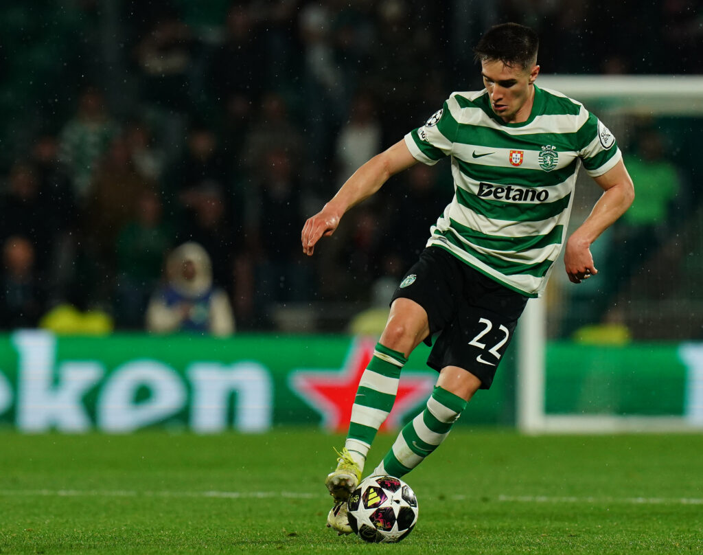 LISBON, PORTUGAL - MARCH 17: Ivan Fresneda of Sporting CP in action during the UEFA Champions League 2025/26 Round of 16 Second Leg match between Sporting CP and FK Bodo/Glimt at Estadio Jose Alvalade on March 17, 2026 in Lisbon, Portugal. (Photo by Gualter Fatia/Getty Images)
