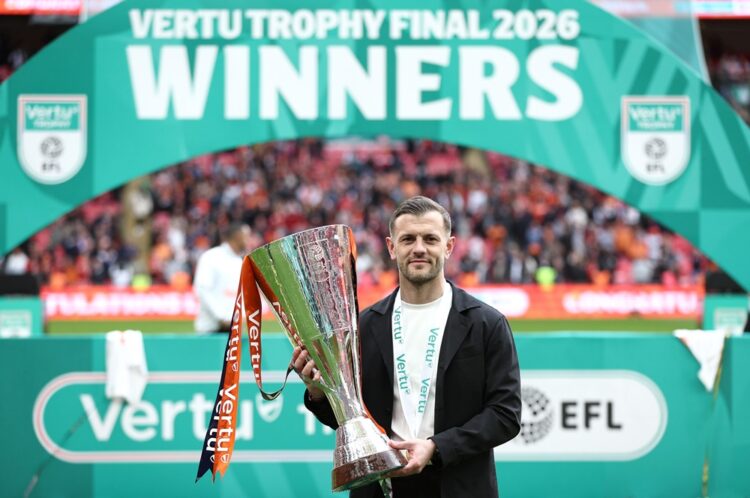 Jack Wilshere, Manager of Luton Town, poses for a photo with the Vertu Trophy after the team's victory in the Vertu Trophy Final match between Stoc...
