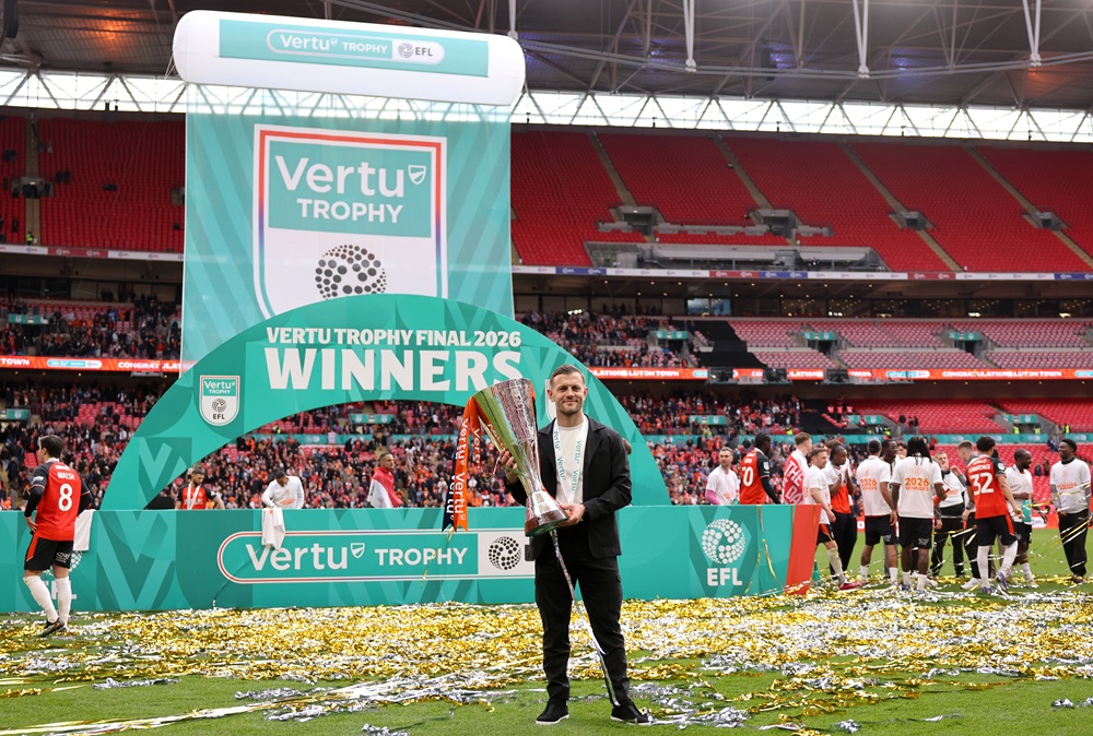 Jack Wilshere, Manager of Luton Town, poses for a photo with the Vertu Trophy after the team's victory in the Vertu Trophy Final match between Stockport County and Luton Town at Wembley Stadium on April 12, 2026 in London, England. (Photo by Jasper Wax/Getty Images)