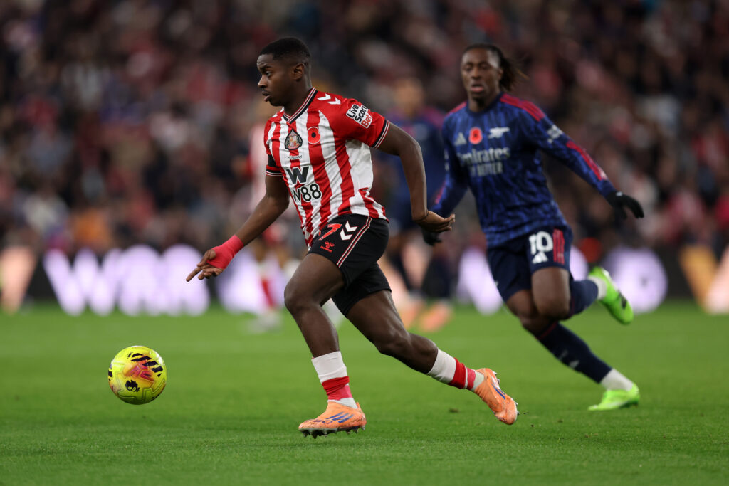 Noah Sidike dribbling forward for Sunderland in the Premier League against Arsenal, amid reports the highly rated youngster is a target for Arsenal.”