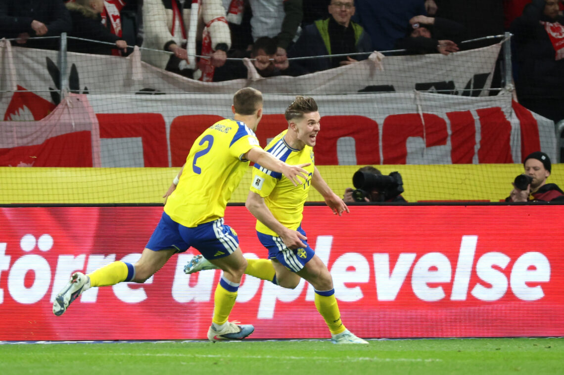SOLNA, SWEDEN - MARCH 31: Viktor Gyoekeres of Sweden celebrates scoring his team's third goal during the FIFA World Cup 2026 European Qualifiers KO...