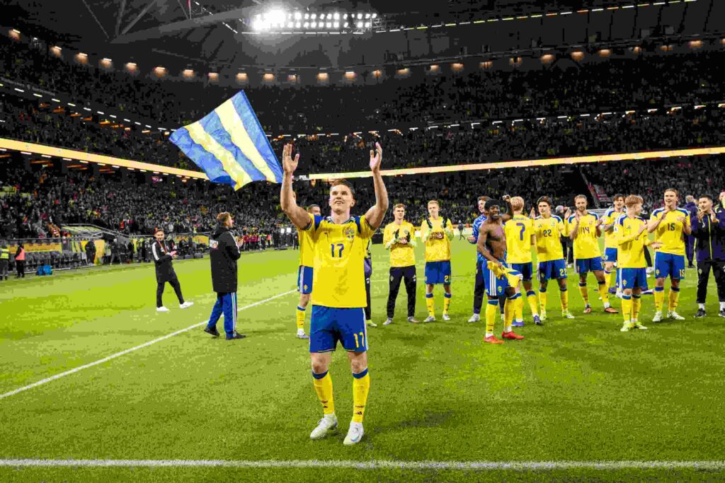 SOLNA, SWEDEN - MARCH 31: Viktor Gyoekeres of Sweden celebrates victory with teammates following the FIFA World Cup 2026 European Qualifiers KO play-offs match between Sweden and Poland at Strawberry Arena on March 31, 2026 in Solna, Sweden. (Photo by Michael Campanella/Getty Images)