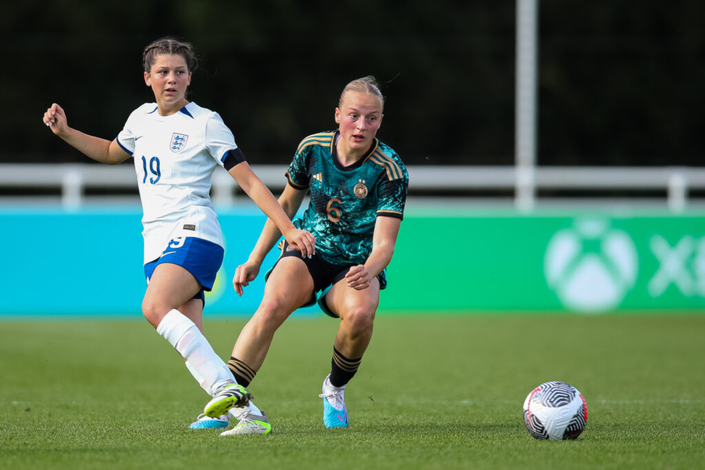 Will Arsenal women's loan players be Gunners next season? 9 BURTON-UPON-TRENT, ENGLAND - SEPTEMBER 26: Tessa Blumenberg of Germany pressures Maddy Earl of England during the international friendly match between England Women U19 and Germany Women U19 at St George's Park on September 26, 2023 in Burton-upon-Trent, England. (Photo by Jess Hornby/Getty Images for DFB)