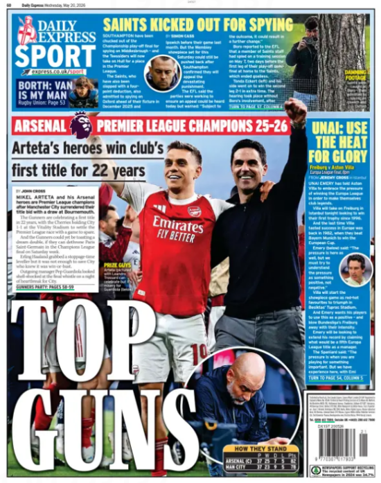 Daily Express Sport front page from 20 May 2026 with headline "TOP GUNS" showing Arsenal players celebrating their Premier League title win, with Mikel Arteta featured and subheading "Arteta's heroes win club's first title for 22 years" alongside coverage of Southampton being expelled from play-offs.