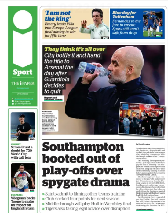 The i newspaper front page from 20 May 2026 with headline "CHAMPIONS" showing Arsenal players celebrating with the Premier League trophy, featuring players in red Emirates-sponsored kit and supporters waving scarves, with a "TOP OF THE TABLE" league standings graphic showing Arsenal as champions.