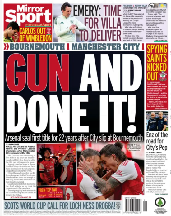 Daily Mirror Sport front page from 20 May 2026 with headline "GUN AND DONE IT!" in large red letters, featuring images of celebrating Arsenal players in Emirates kit, with subheading "Arsenal seal first title for 22 years after City slip at Bournemouth" and coverage of Southampton being kicked out