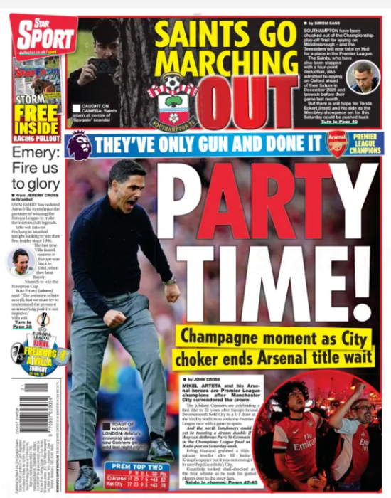 Daily Star Sport front page from 20 May 2026 with headline "PARTY TIME!" showing Arteta celebrating, with subheading "They've only gun and done it - Champagne moment as City choker ends Arsenal title wait" and coverage of Southampton being kicked out of play-offs.