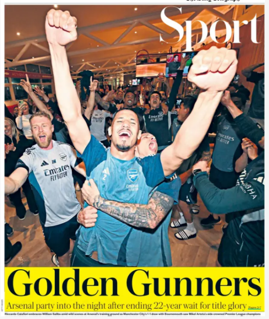 The Telegraph Sport front page from 20 May 2026 with headline "Champions" showing Arsenal celebrating in red and white tones with Arteta featured prominently, with subheading "Arsenal celebrate first Premier League title for 22 years as City held" and coverage of Southampton's legal troubles.