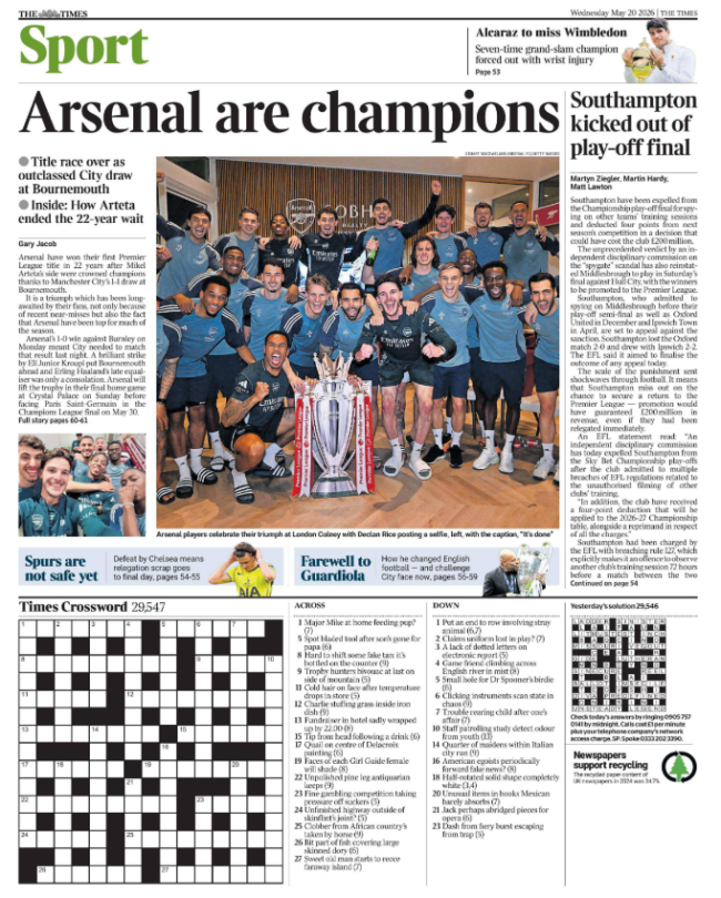 The Times Sport front page from 20 May 2026 with headline "Arsenal are champions" showing Arsenal squad celebrating with the Premier League trophy in the dressing room, with subheading about the title race ending at Bournemouth and coverage of Southampton's play-off expulsion.