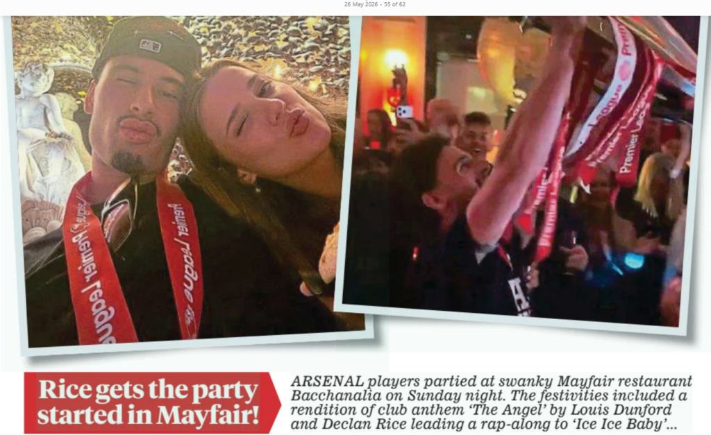 RSENAL players partied at swanky Mayfair restaurant Bacchanalia on Sunday night. The festivities included a rendition of club anthem ‘The Angel’ by Louis Dunford and Declan Rice leading a rap-along to ‘Ice Ice Baby’...
