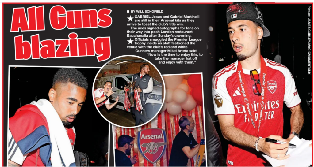 ★ GABRIEL Jesus and Gabriel Martinelli are still in their Arsenal kits as they arrive to toast the club’s title win. The aces signed autographs for fans on their way into posh London restaurant Bacchanalia after Sunday’s crowning. ★ Officials smuggled the Premier League trophy inside as staff festooned the venue with the club’s red and white. Gunners manager Mikel Arteta said: “Now is the time to enjoy this, to take the manager hat off and enjoy with them.”