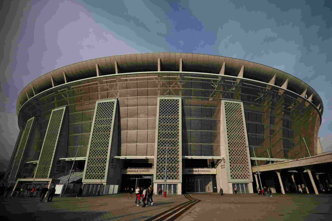 General view outside the stadium prior to the UEFA Nations League 2024/25 League A/B Play-offs Second Leg match between Hungary and Türkiye at Pusk...