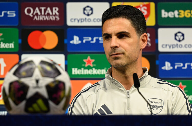 Arsenal's Spanish manager Mikel Arteta addresses the media during the press conference one day ahead of the UEFA Champions League 2026 Final at Pus...