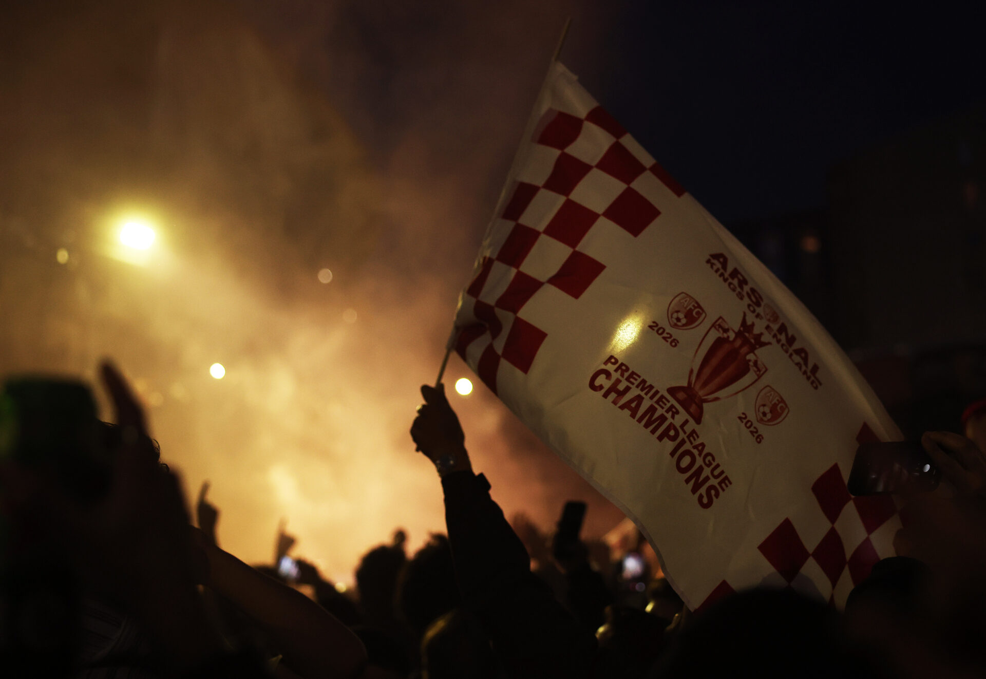 LONDON, ENGLAND - MAY 19: Arsenal fans celebrate winning the Premier League after Manchester City failed to win away to Bournemouth at Emirates Stadium on May 19, 2026 in London, England. (Photo by Julian Finney/Getty Images)