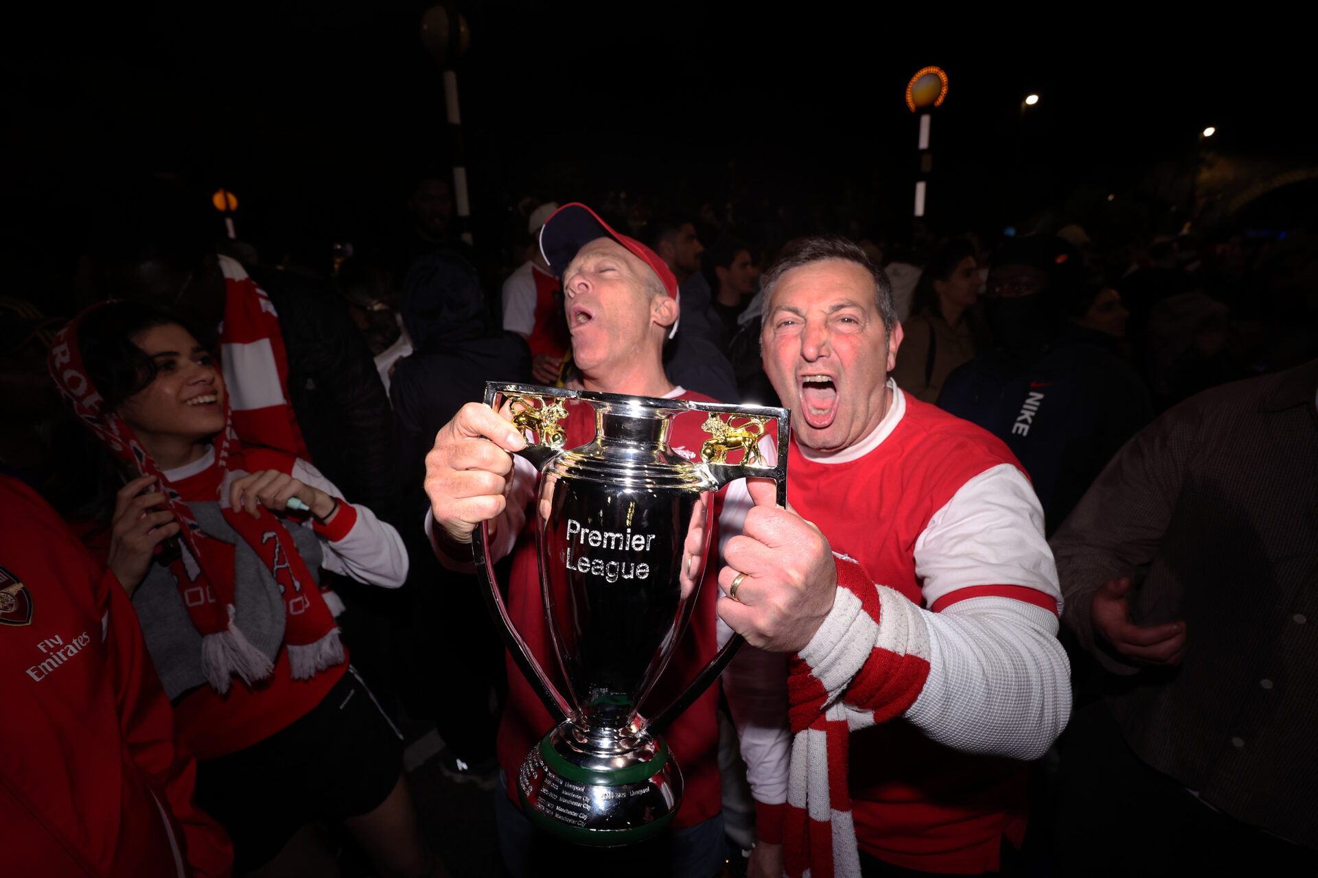 LONDON, ENGLAND - MAY 19: Arsenal fans celebrate winning the Premier League after Manchester City failed to win away to Bournemouth at Emirates Stadium on May 19, 2026 in London, England. (Photo by Julian Finney/Getty Images)