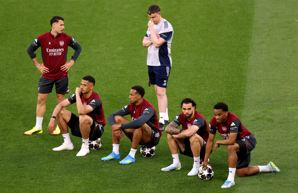 Arsenal handed major injury boost before Champions League final 3 Gabriel Martinelli, William Saliba, Gabriel, David Raya and Jurrien Timber of Arsenal during a training session one day ahead of the UEFA Champions League 2026 Final at Puskas Arena on May 29