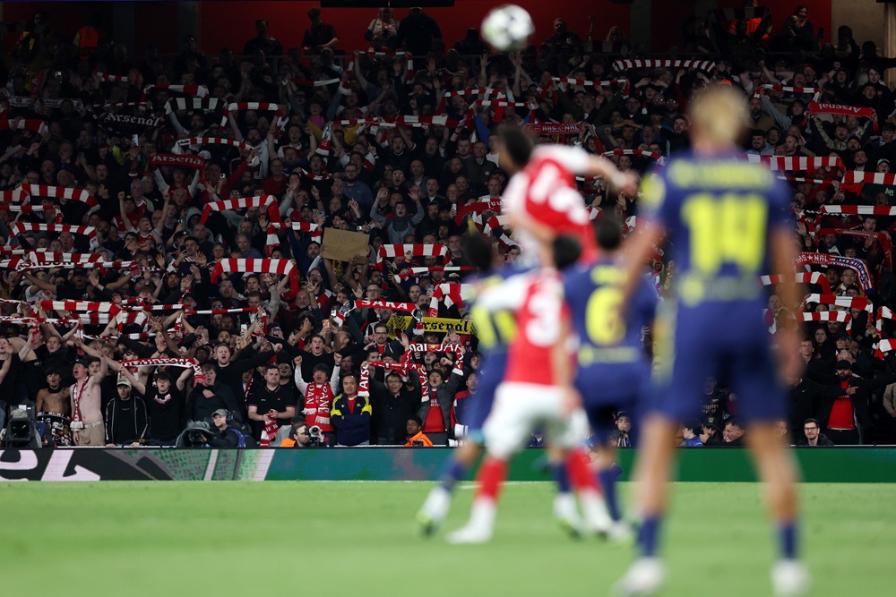 Arsenal fans show support during the UEFA Champions League 2025/26 Semi Final Second Leg match between Arsenal FC and Atletico de Madrid at Arsenal Stadium on May 05, 2026 in London, England. (Photo by Justin Setterfield/Getty Images)