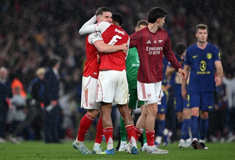 Viktor Gyoekeres and Gabriel of Arsenal celebrate progressing to the final of the UEFA Champions League 2025/26 after the team's victory in the UEF...