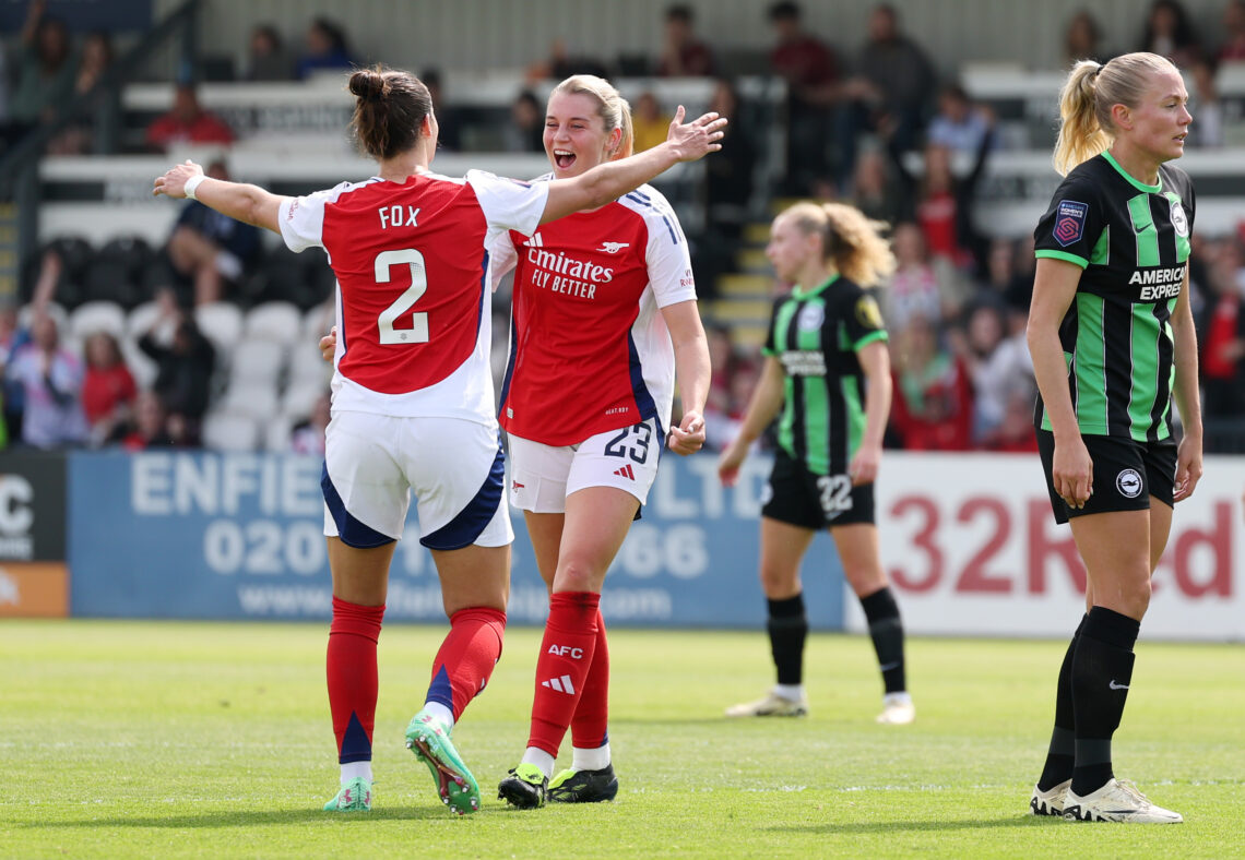 Alessia Russo of Arsenal celebrates scoring her team's second goal with teammate Emily Fox during the Barclays Women´s Super League match between A...