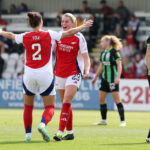 Alessia Russo of Arsenal celebrates scoring her team's second goal with teammate Emily Fox during the Barclays Women´s Super League match between Arsenal FC and Brighton & Hove Albion at Meadow Park on May 18, 2024