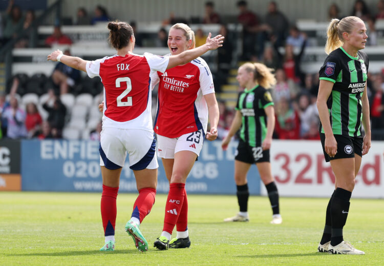 Alessia Russo of Arsenal celebrates scoring her team's second goal with teammate Emily Fox during the Barclays Women´s Super League match between A...