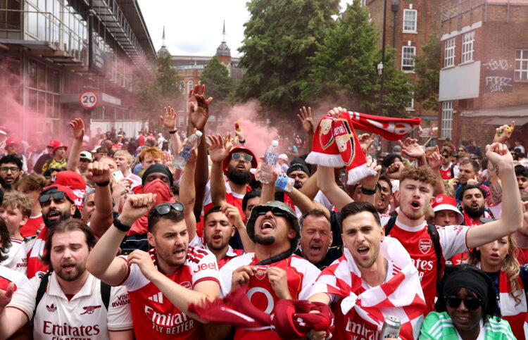 ISLINGTON, ENGLAND - MAY 31: Fans of Arsenal enjoy the atmosphere near the Emirates Stadium on May 31, 2026 in Islington, England. Arsenal clinched...