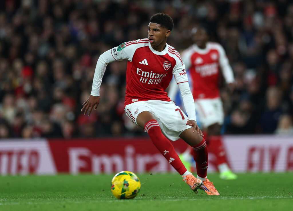 Andre Harriman-Annous of Arsenal during the Carabao Cup Fourth Round match between Arsenal and Brighton & Hove Albion at Emirates Stadium on October 29, 2025 in London, England.