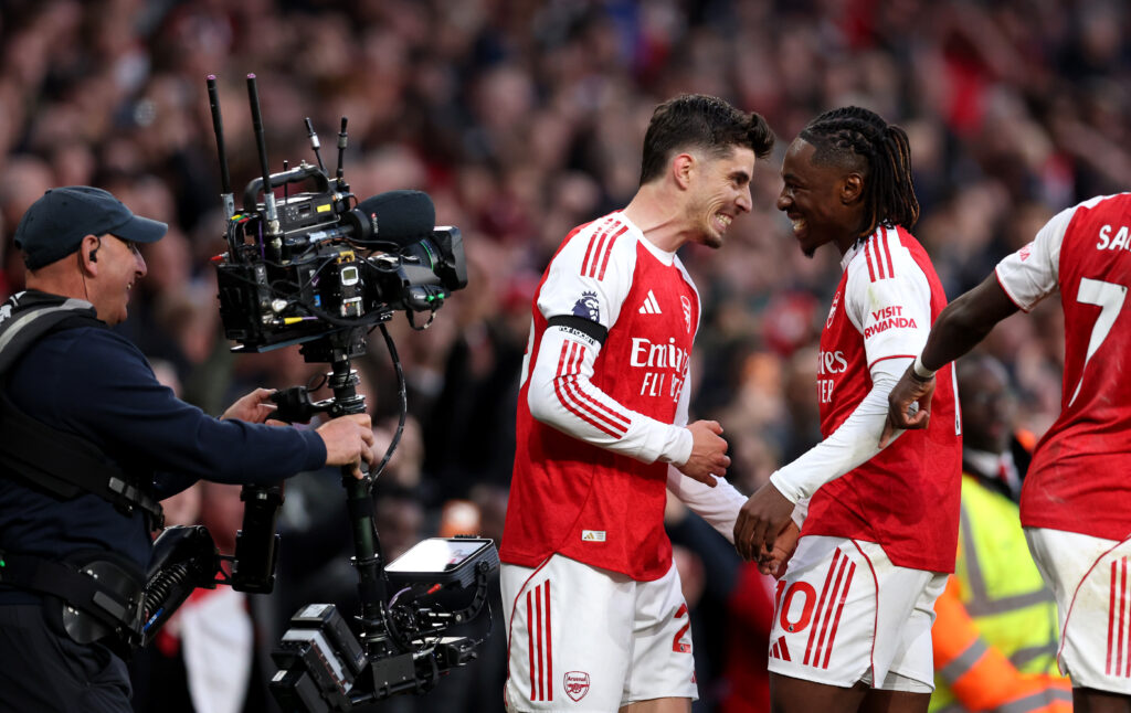 Kai Havertz of Arsenal celebrates scoring his team's first goal with teammate Eberechi Eze during the Premier League match between Arsenal and Burnley at Emirates Stadium on May 18, 2026