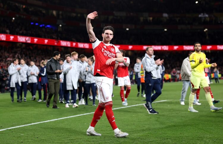 Declan Rice of Arsenal waves to the fans after the team's victory in the Premier League match between Arsenal and Burnley at Emirates Stadium on Ma...